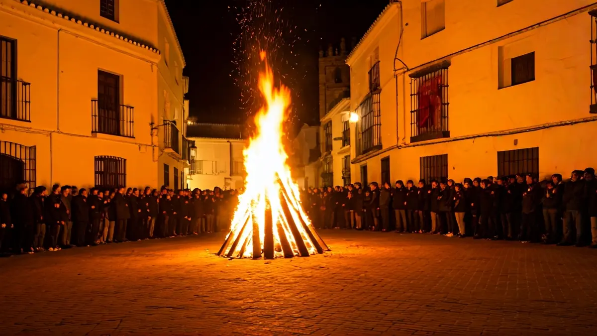 Imagen de una hoguera en una plaza de pueblo andaluz durante una celebración nocturna.