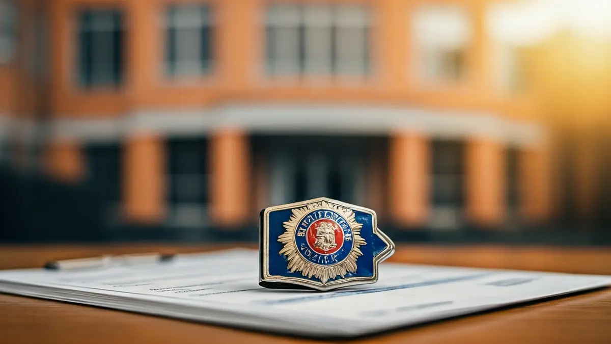 Placa de policía local y formularios de solicitud de empleo público en Córdoba.