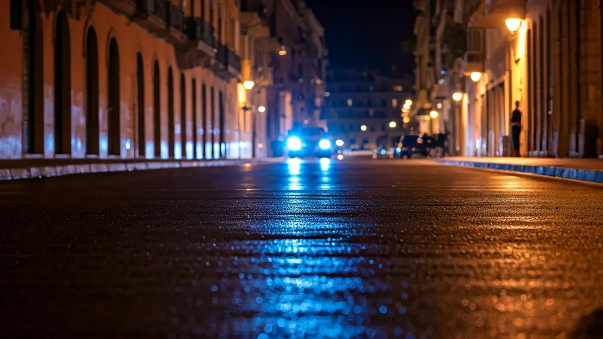 Imagen genérica de luces de emergencia reflejadas en el asfalto mojado por la noche.