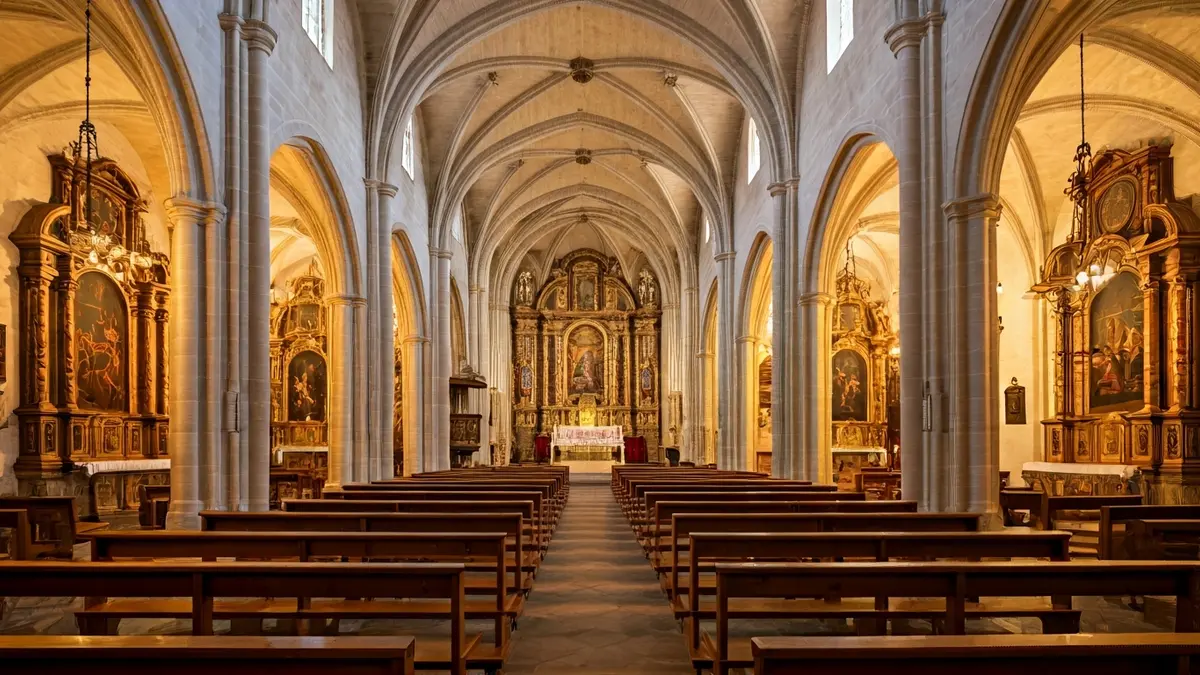 Interior de una iglesia histórica española con techos abovedados y detalles arquitectónicos, iluminada con luz cálida, con bancos de madera vacíos.
