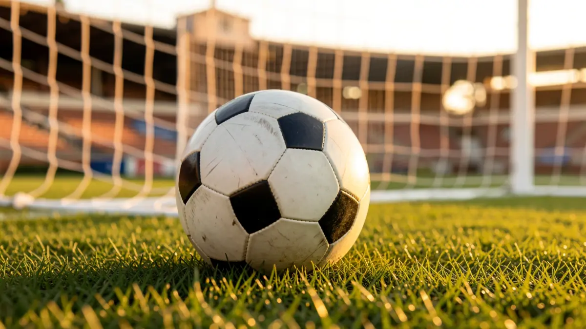 Imagen genérica de un balón de fútbol sobre césped con una portería desenfocada al atardecer.