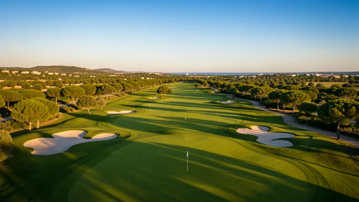 Vista aérea del campo de golf de Valderrama en Andalucía durante la hora dorada.