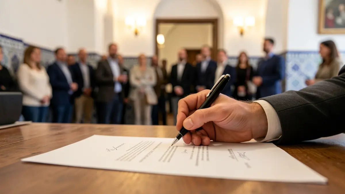 Imagen genérica de una mano firmando un contrato en un escritorio.