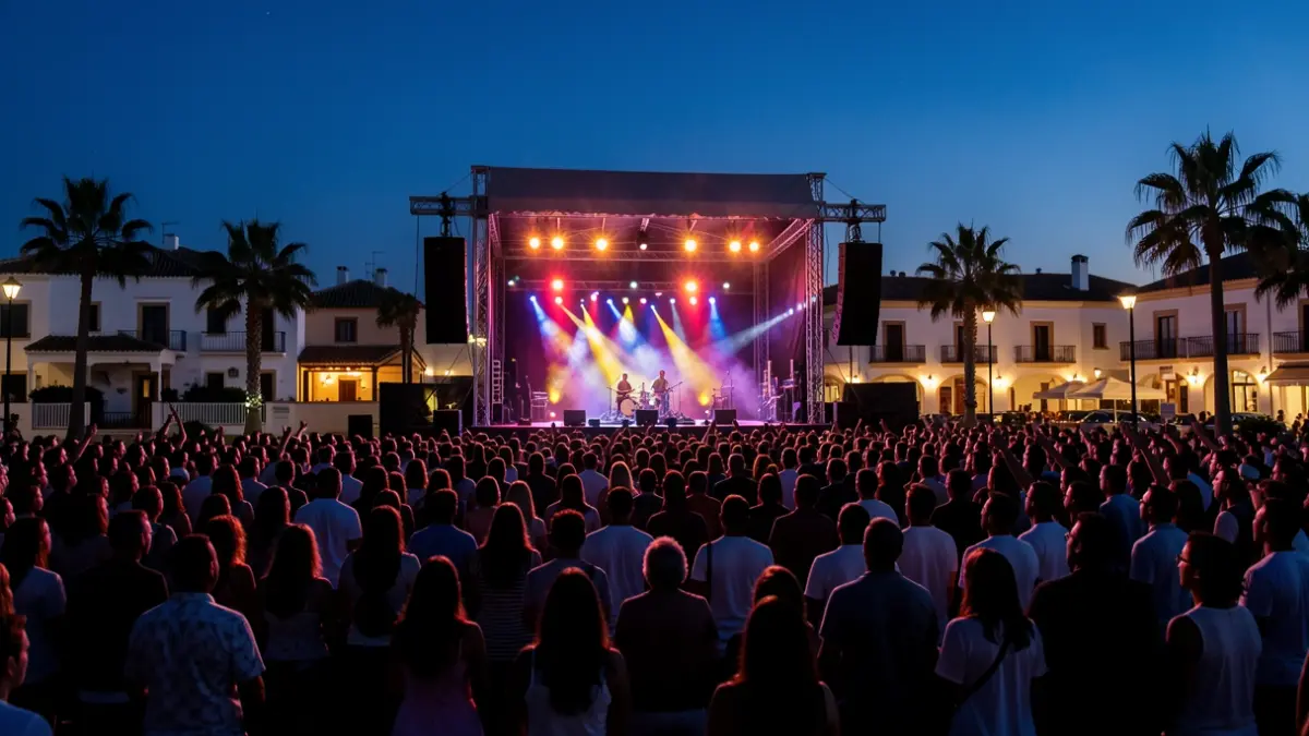 Escena de un festival de música al aire libre en Fuengirola al atardecer, con público y luces.