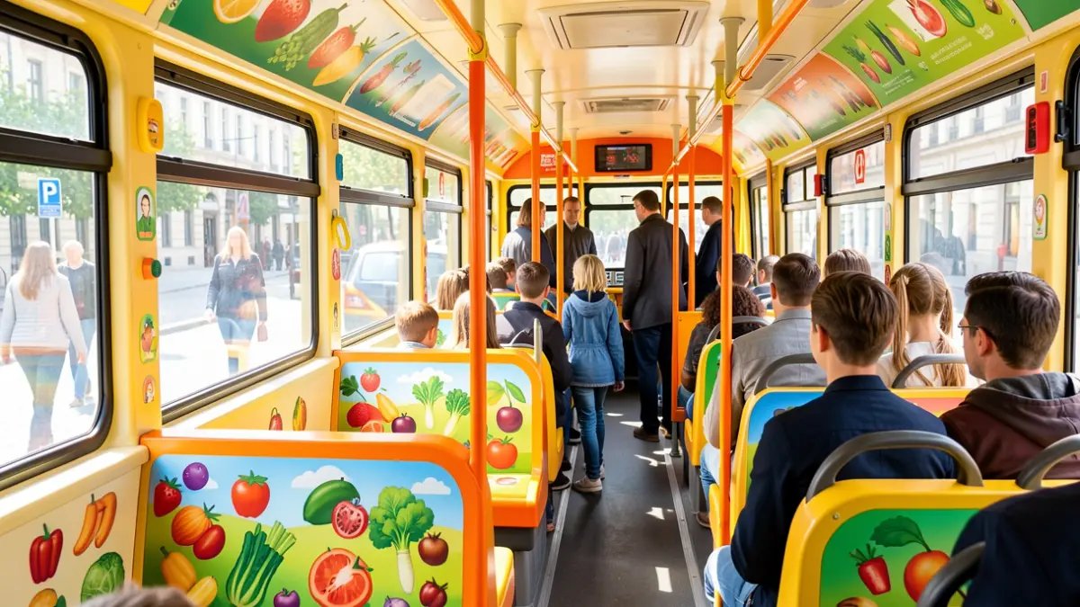 Interior de un autobús educativo sobre alimentación saludable para niños.