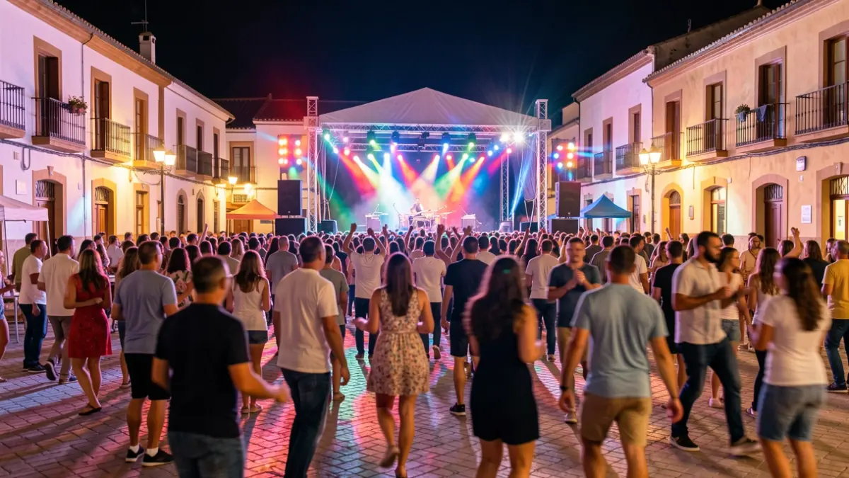 Imagen genérica de un festival de música nocturno en una plaza de Andalucía con gente bailando bajo luces de colores.