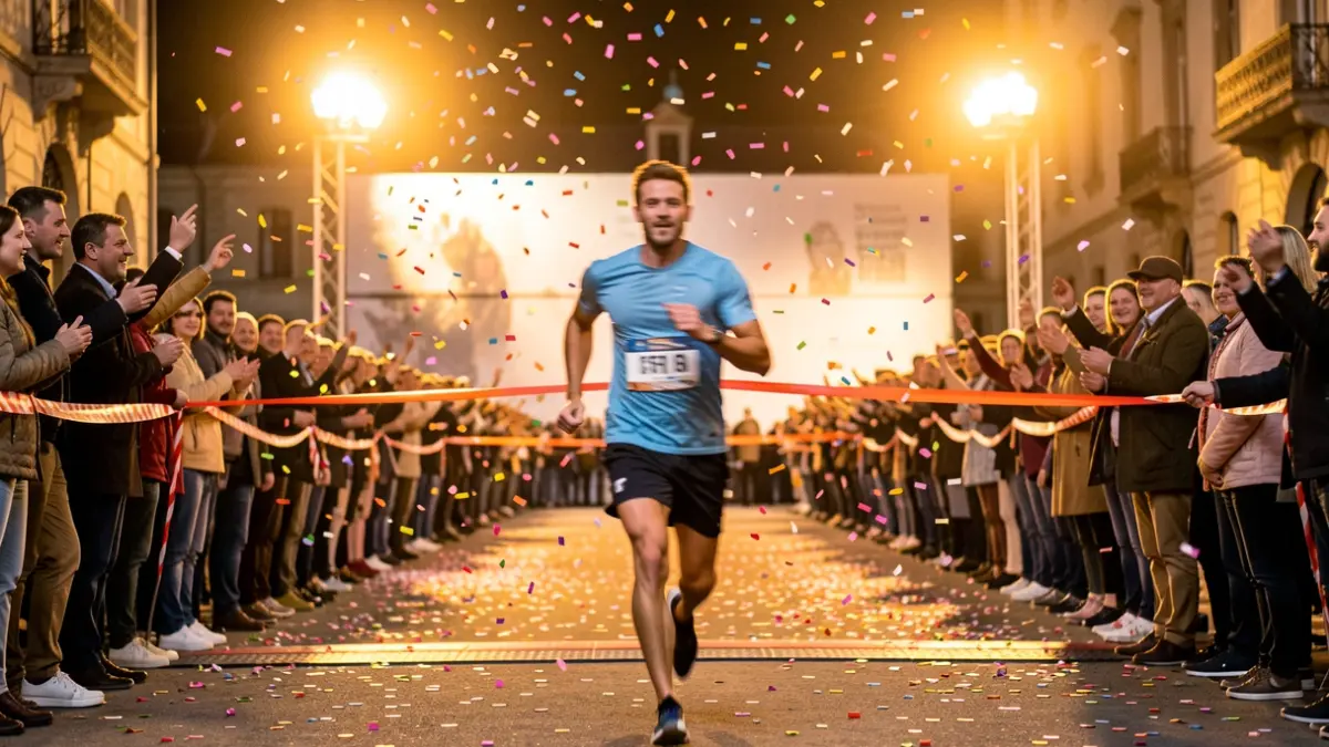 Imagen genérica de un corredor cruzando la meta en una carrera popular.