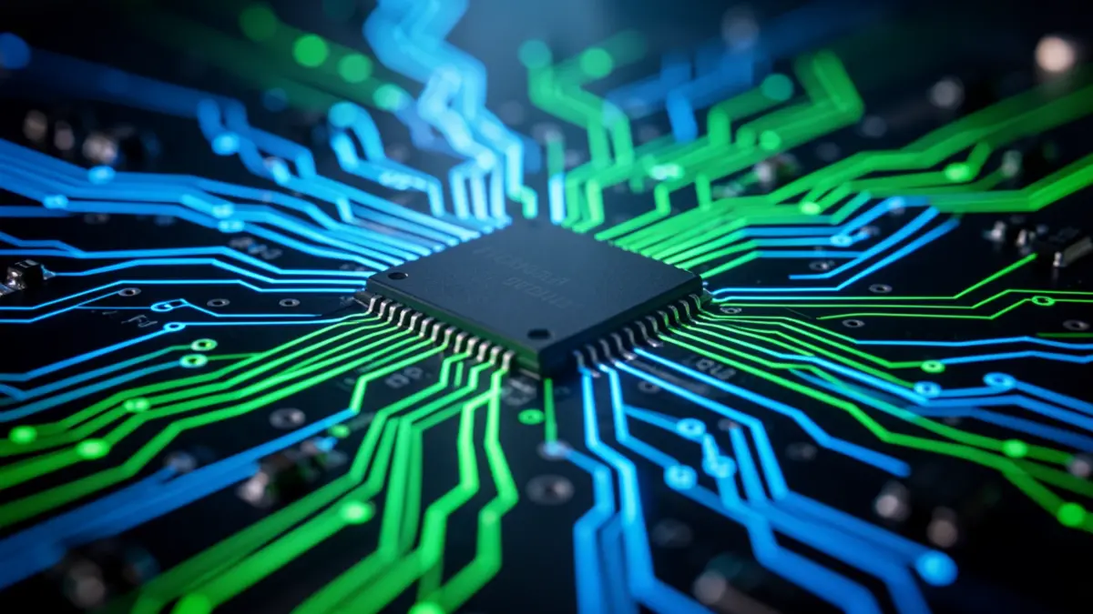 Imagen genérica de un circuito digital con líneas de luz representando inteligencia artificial y el internet de las cosas.