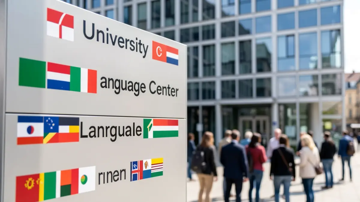 Imagen genérica de un centro de idiomas universitario con banderas de diferentes países.