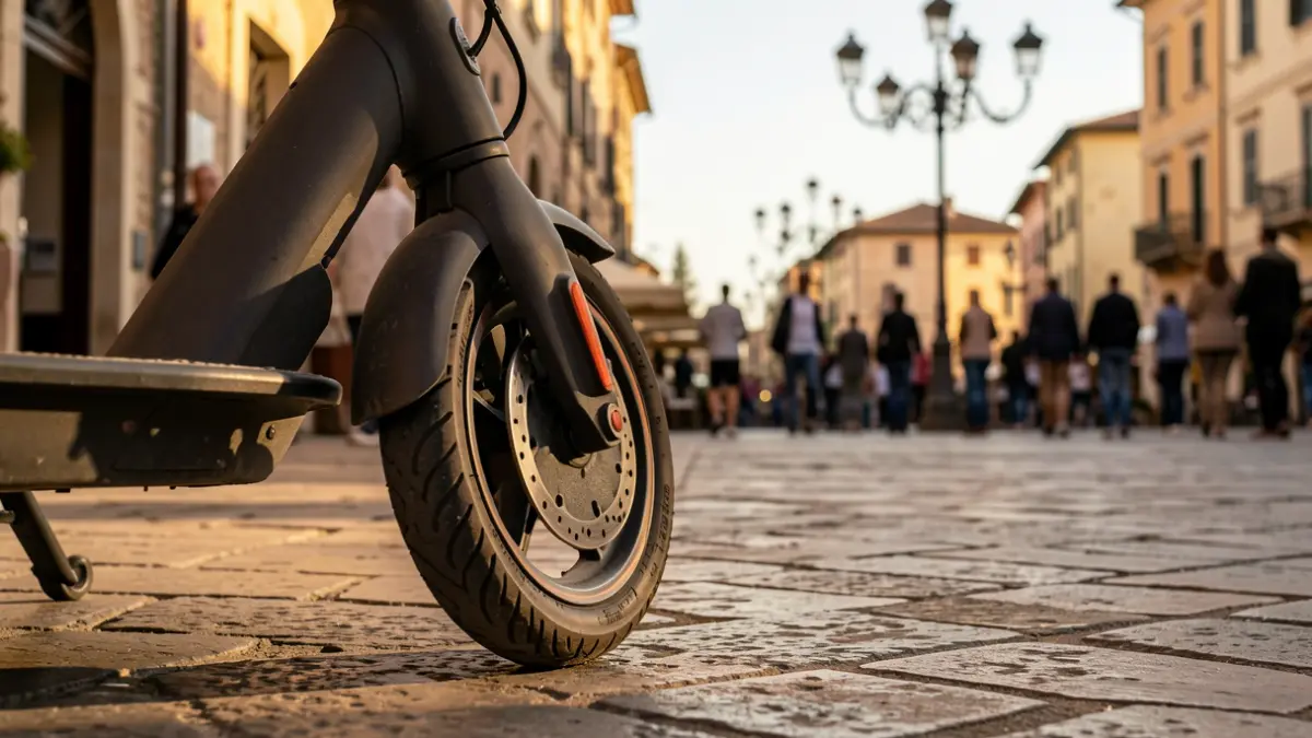 Primer plano de la rueda de un patinete eléctrico aparcado en una plaza de pueblo andaluz al atardecer.