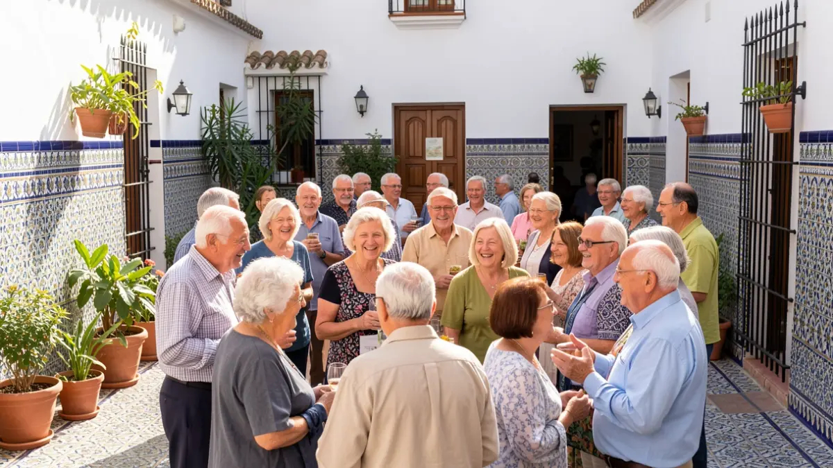 Imagen genérica de personas mayores disfrutando de un viaje cultural en un patio andaluz.